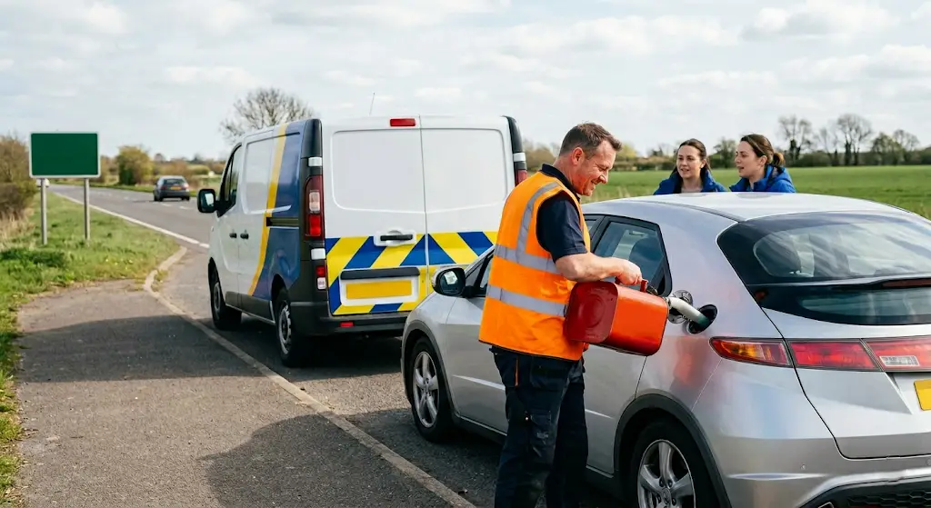 Professional fuel delivery service on motorway roadside in Reading