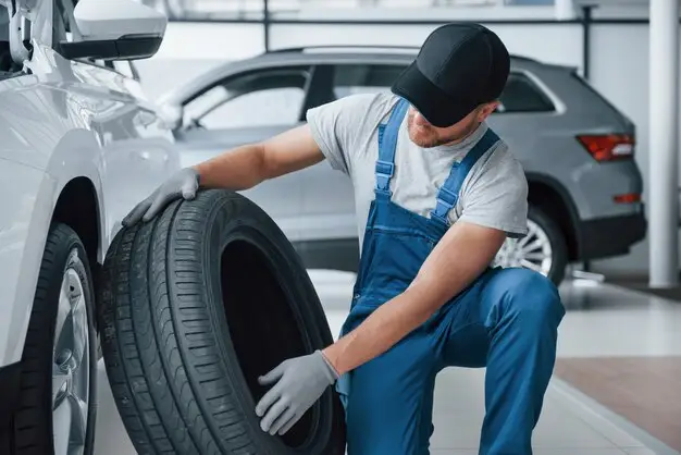 Car tyre replacement by technician