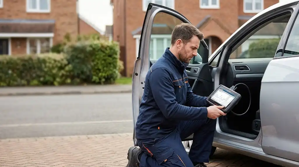 Mobile mechanic kneeling beside a silver car on a residential street, running a diagnostic check with a handheld tablet device.