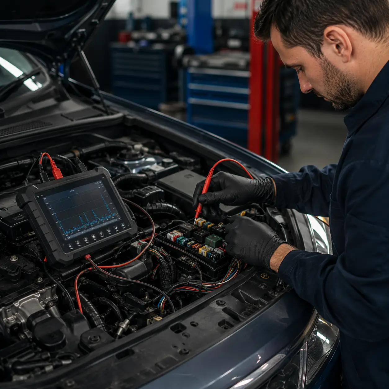 Mechanic using a multimeter to test the fuse box in a car's engine bay while a diagnostic scope displays live waveform data.