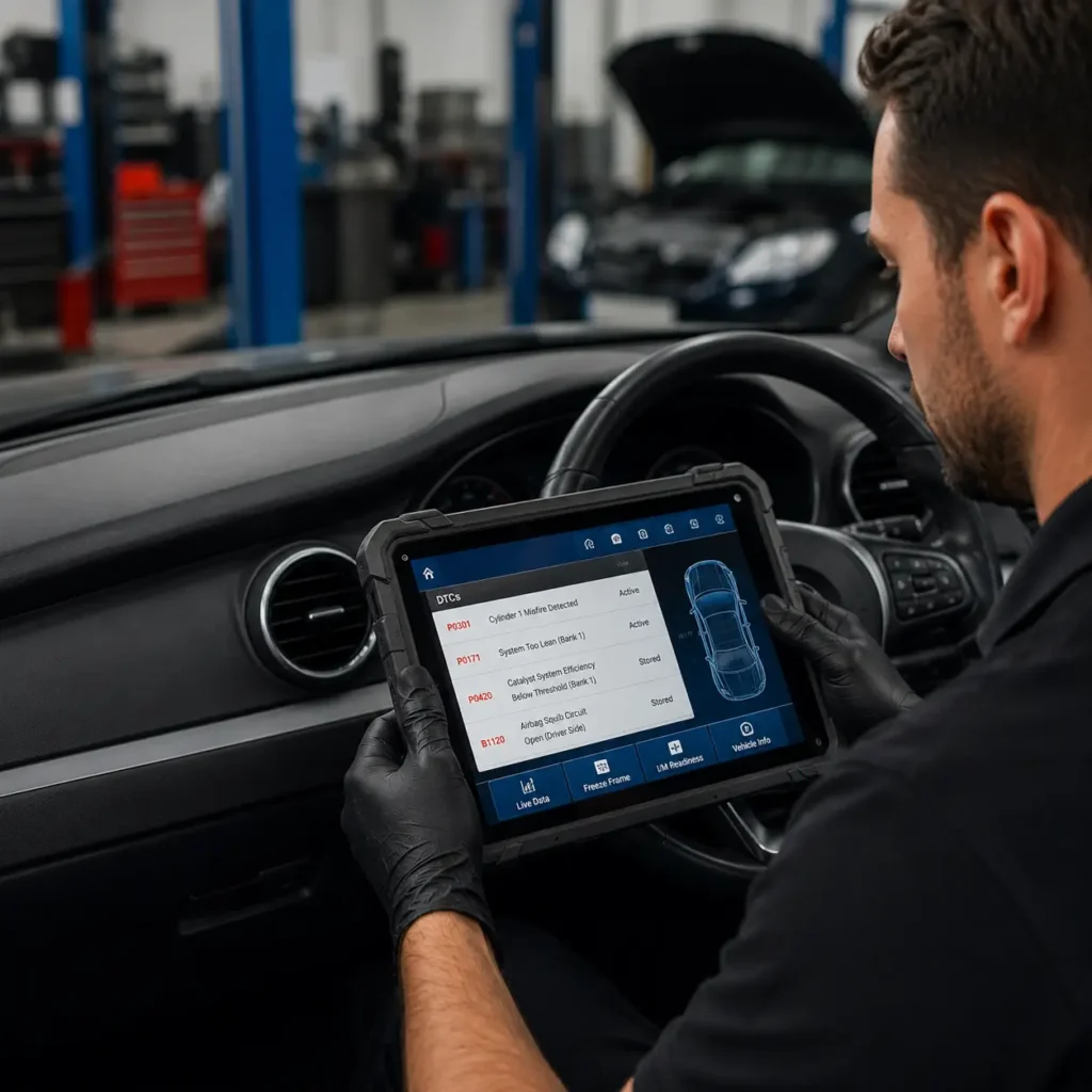 Mechanic in gloves reviewing diagnostic trouble codes on a handheld scan tool while seated inside a car.
