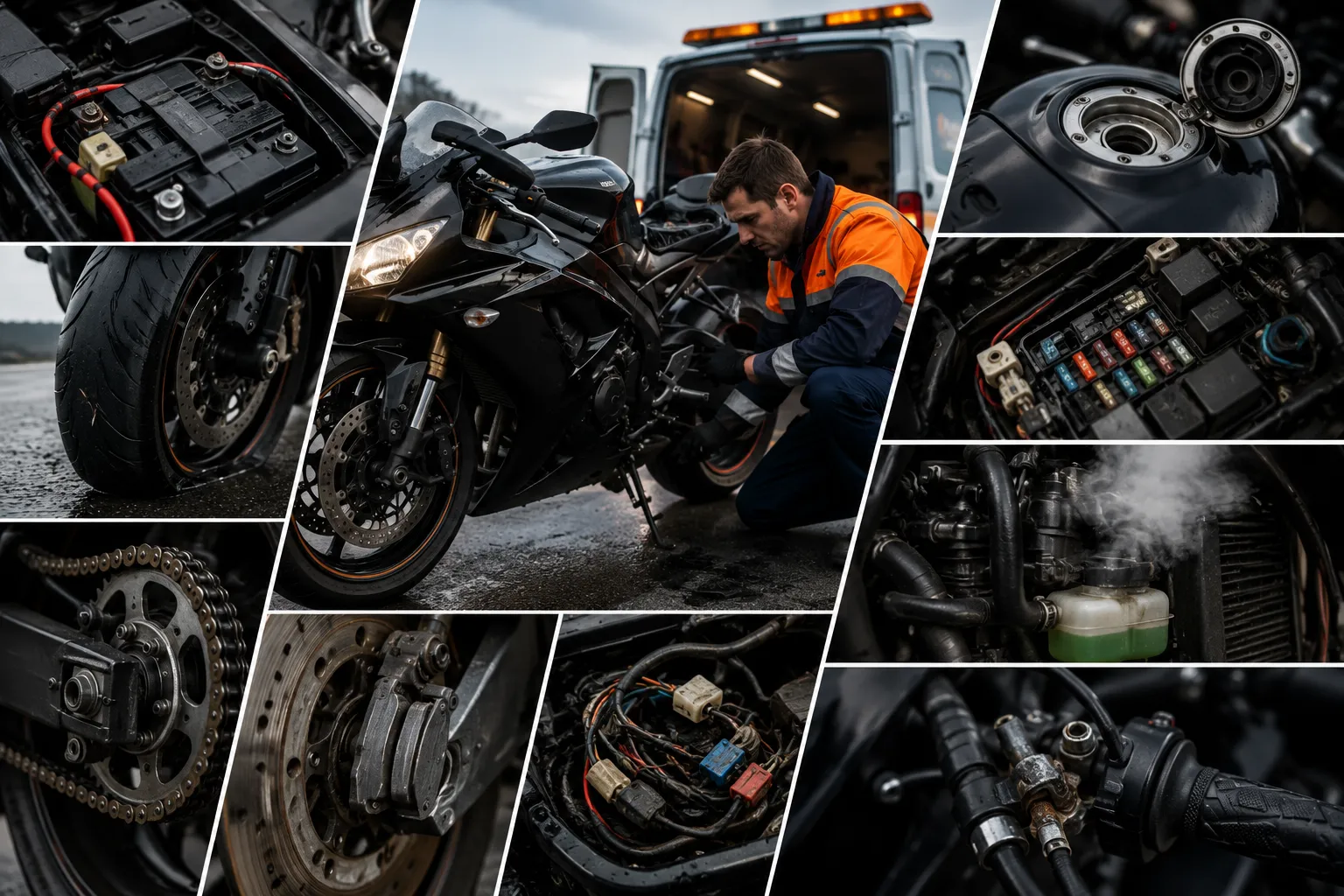 Motorbike recovery technician inspecting a motorcycle while highlighting common breakdown causes including battery failure, punctures, chain wear, electrical faults, overheating and brake problems.
