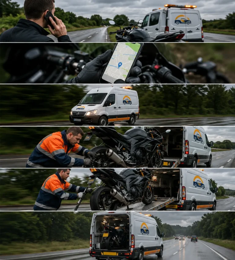 Step-by-step motorbike recovery process showing a rider calling for help, technician dispatch, roadside repair, safe motorcycle loading and transport to a secure location.