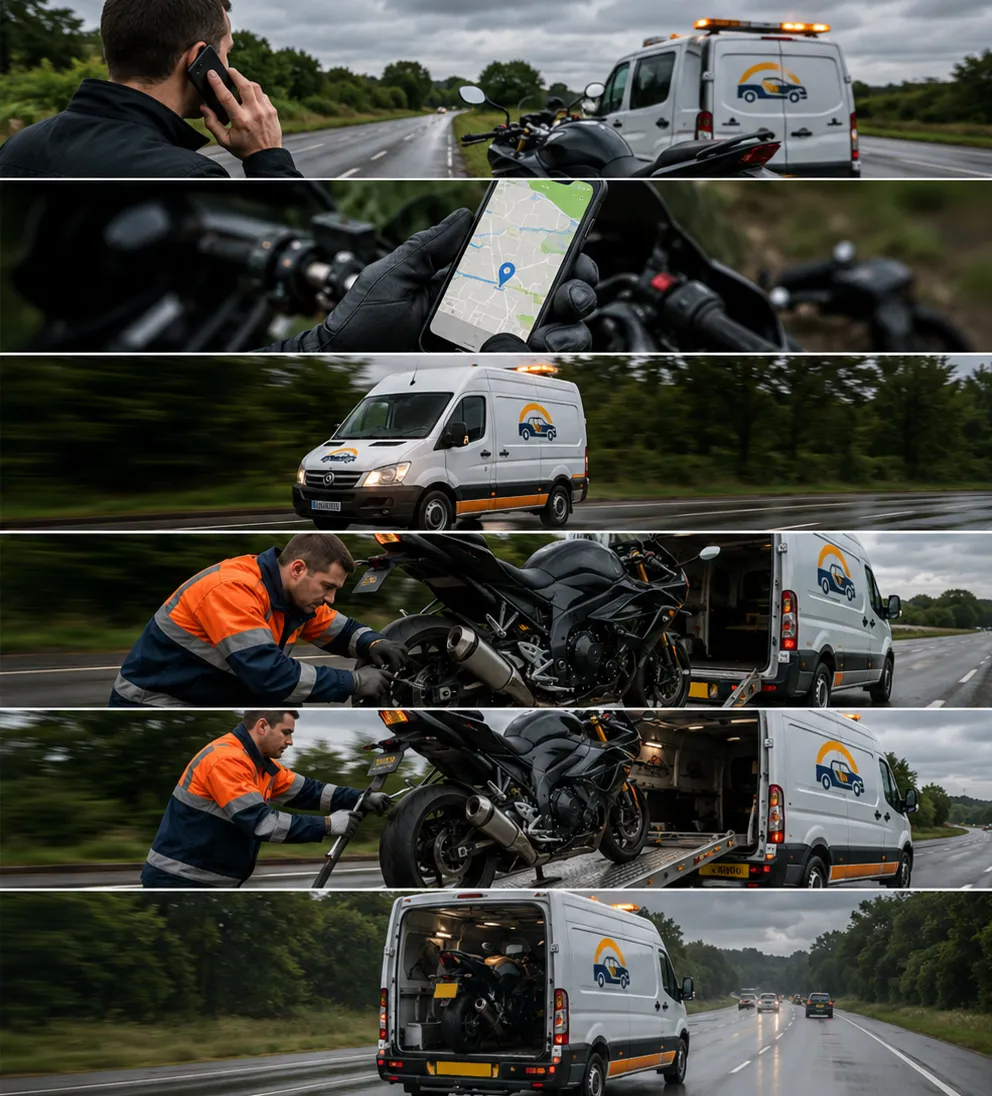 Step-by-step motorbike recovery process showing a rider calling for help, technician dispatch, roadside repair, safe motorcycle loading and transport to a secure location.