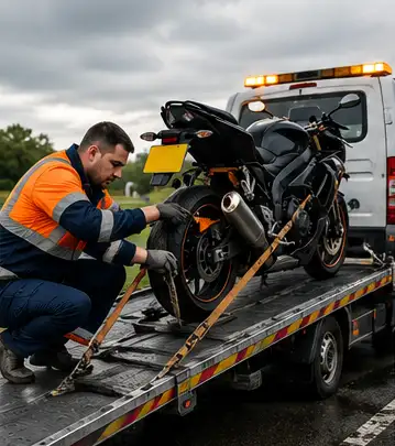 Technician securing a motorcycle onto a recovery truck during roadside assistance.