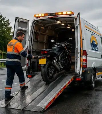 Motorcycle being loaded into a recovery van using a loading ramp.