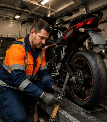 Technician securing a motorcycle inside the recovery van for safe transport.