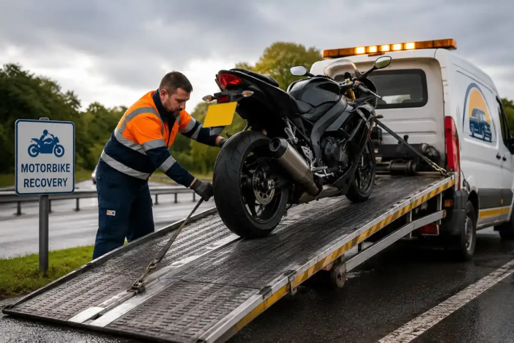 Breakdown recovery technician safely loading a stranded motorcycle onto a recovery vehicle in Reading.