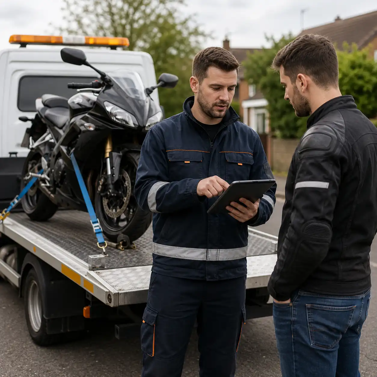 Recovery technician explaining a motorbike recovery quote to a customer beside a securely loaded motorcycle.