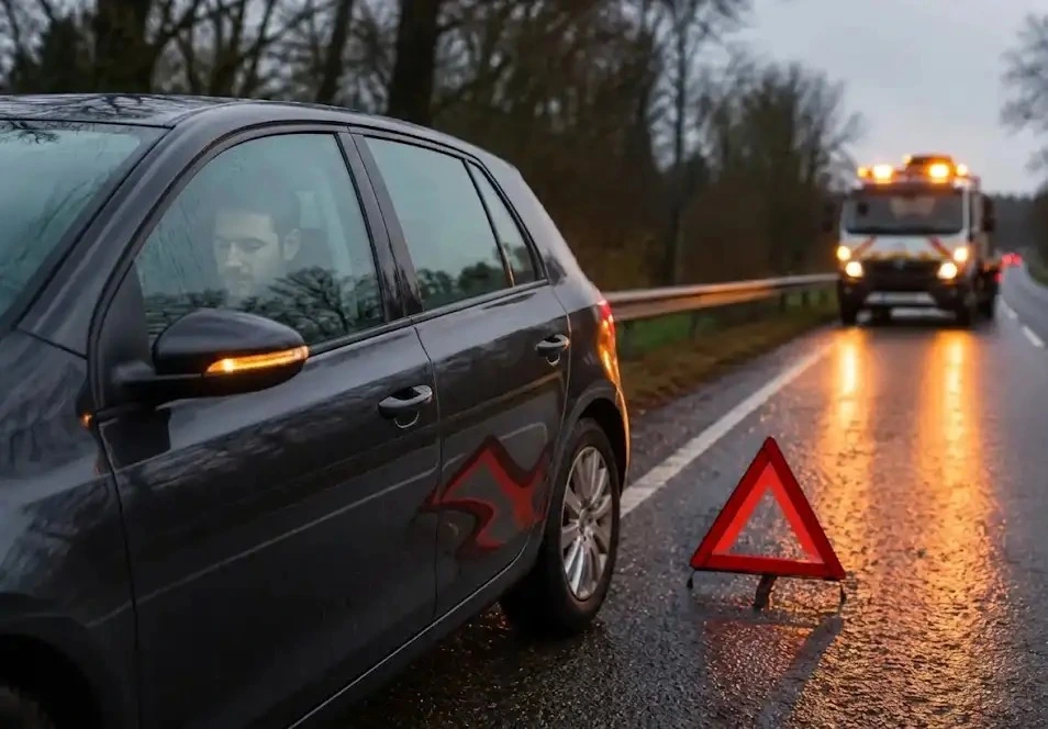 A man sitting inside a grey car parked on a roadside shoulder at dusk with a warning triangle behind it and a tow truck approaching with amber lights.