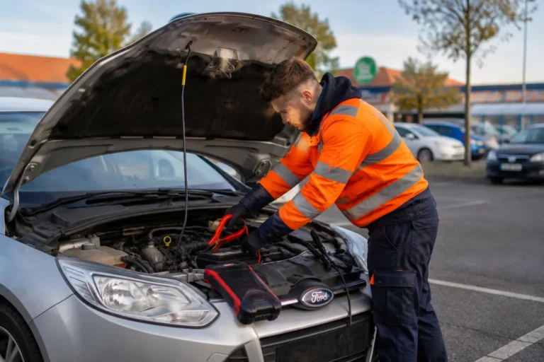 Engineer connecting a professional booster pack to a silver Ford car during a jump start in a Reading car park.