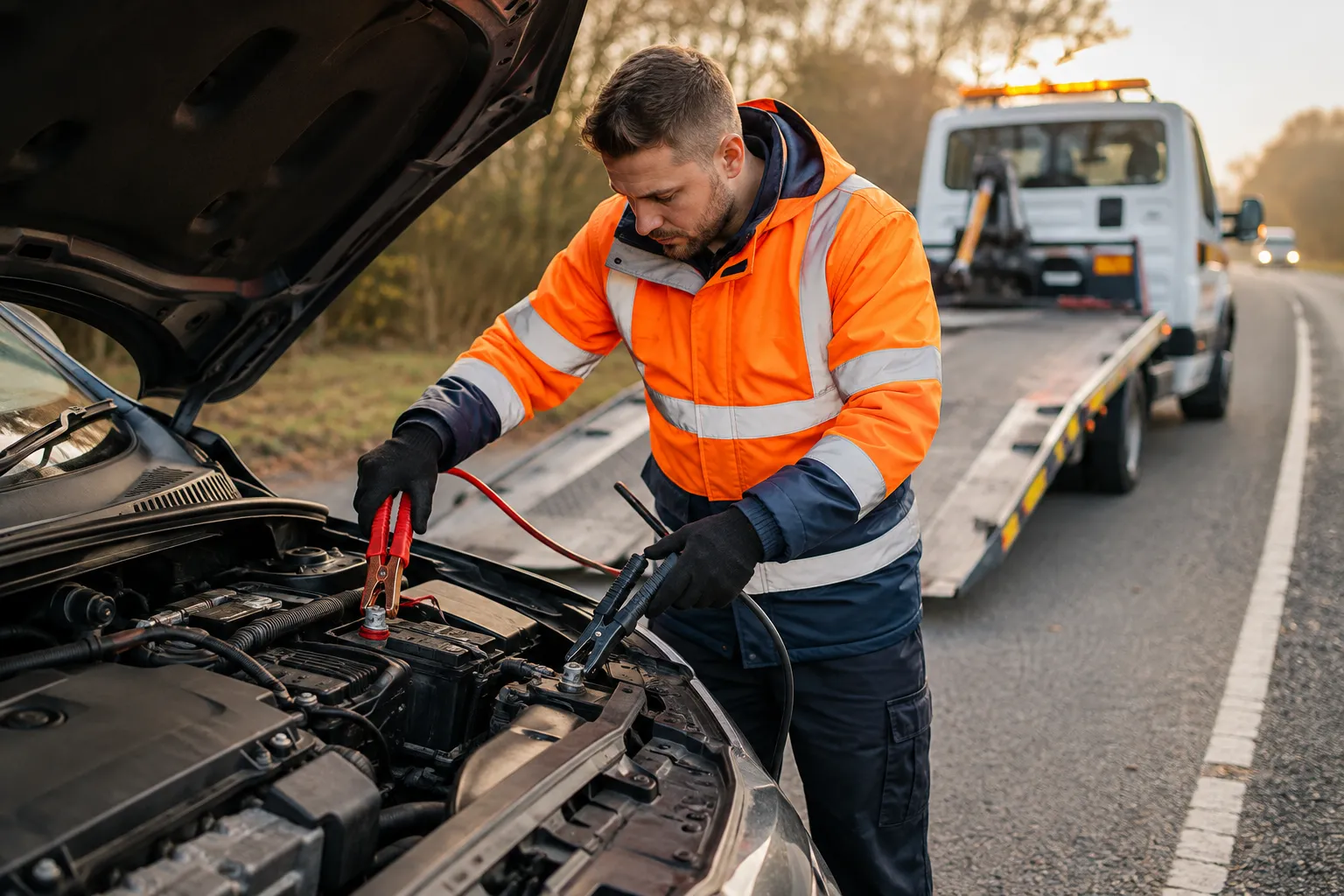 A roadside assistance technician wearing a bright orange hi-vis jacket attaches red and black jumper cables to a car battery under an open bonnet, with a recovery truck parked behind on a road.