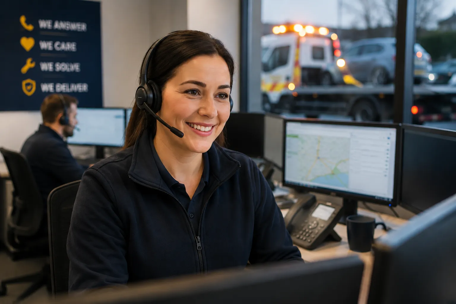A smiling female customer service representative wearing a telephone headset sits at her desk in a breakdown control room with computer monitors showing maps.