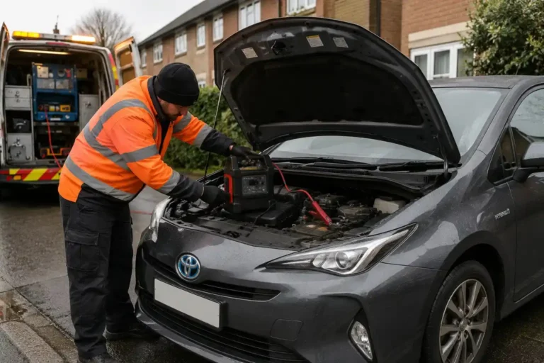 ECU-safe booster pack attached to the 12V battery of a grey Toyota hybrid.