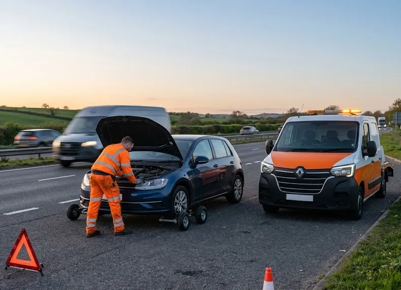 A breakdown technician in an orange high-visibility suit inspects under the open bonnet of a blue Volkswagen hatchback on a dual carriageway hard shoulder, flanked by a towing vehicle with flashing lights and a warning triangle.