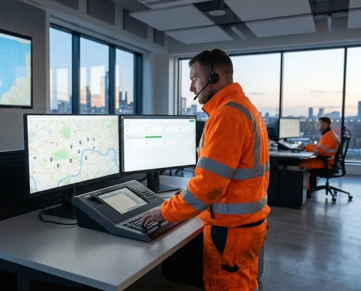 A breakdown dispatch operator wearing a headset and high-visibility jacket stands at a control station monitoring live GPS vehicle maps on dual monitors.