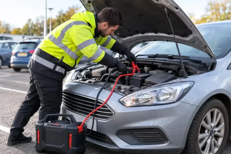 Engineer connecting a booster pack to a silver Ford Focus in a Reading car park.