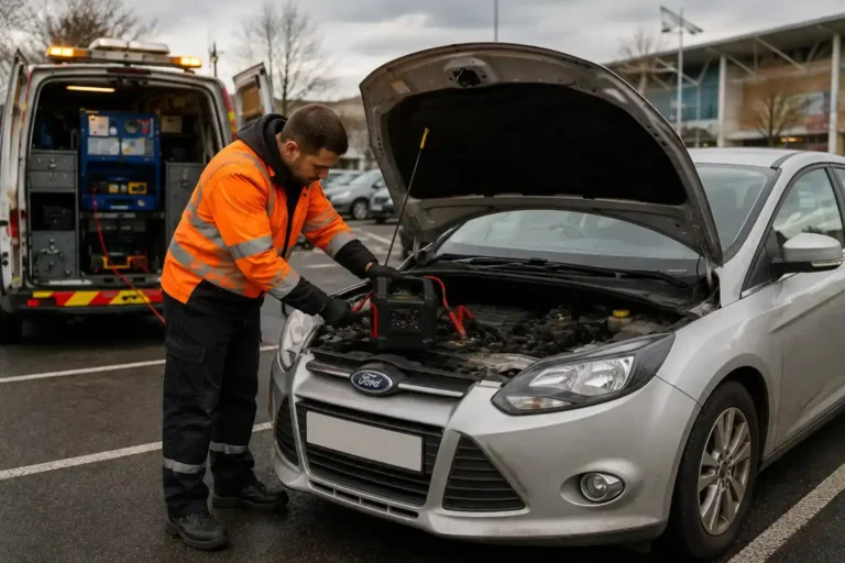 Engineer connecting a booster pack to a silver Ford Focus in a Reading car park.