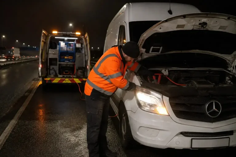 Night-time jump start on a white Mercedes Sprinter van on a motorway hard shoulder.