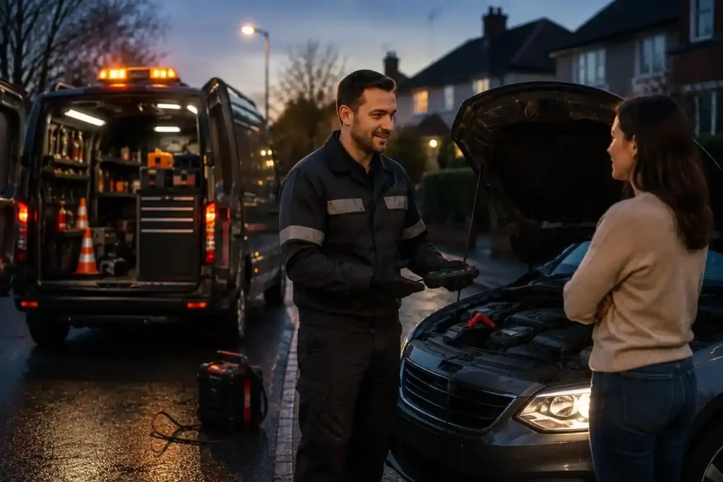 Roadside technician diagnosing a car battery while speaking with the driver