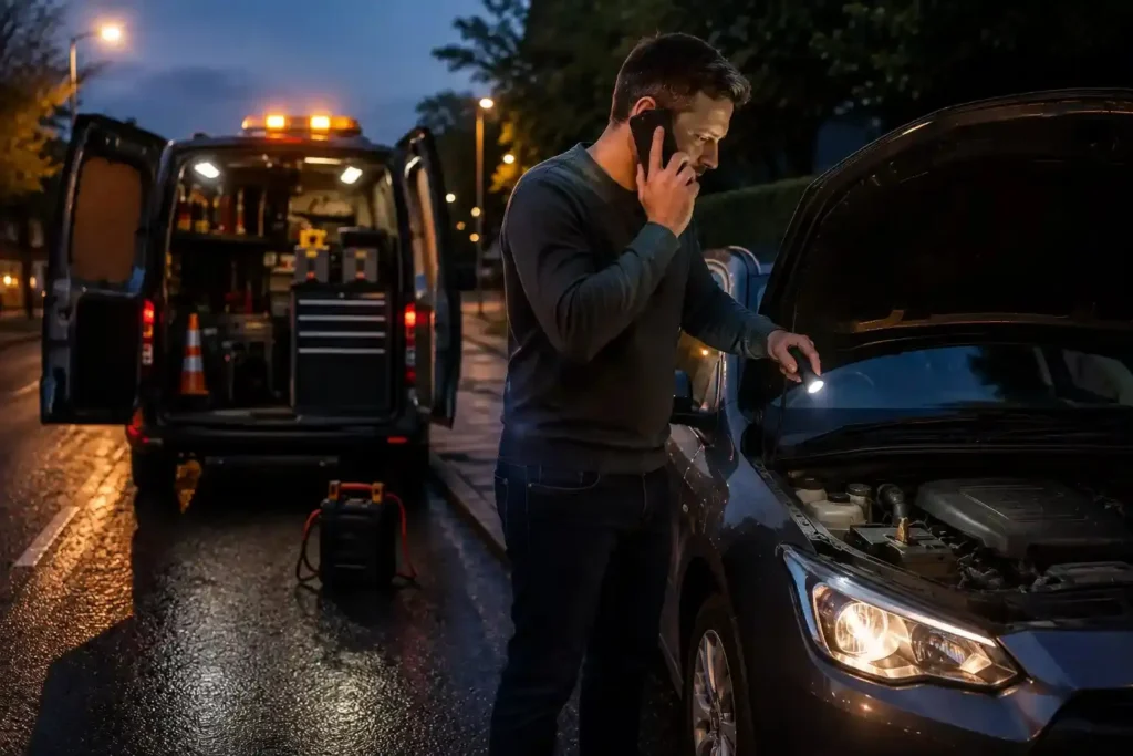 Driver calling roadside assistance while checking a car engine beside a service van
