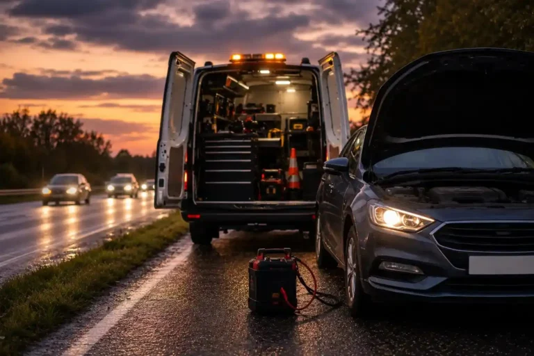 Disabled car with hood raised beside a fully equipped roadside assistance van at sunset