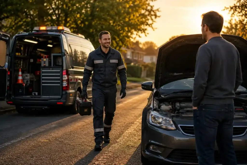 Roadside technician arriving with equipment to help a driver with a car breakdown