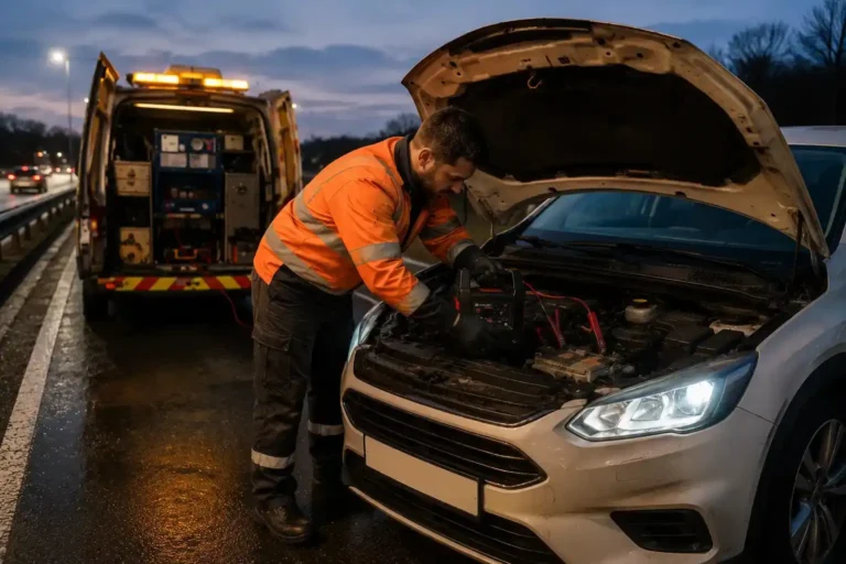 Engineer using a portable jump starter on a light-coloured SUV on a motorway hard shoulder at dusk.