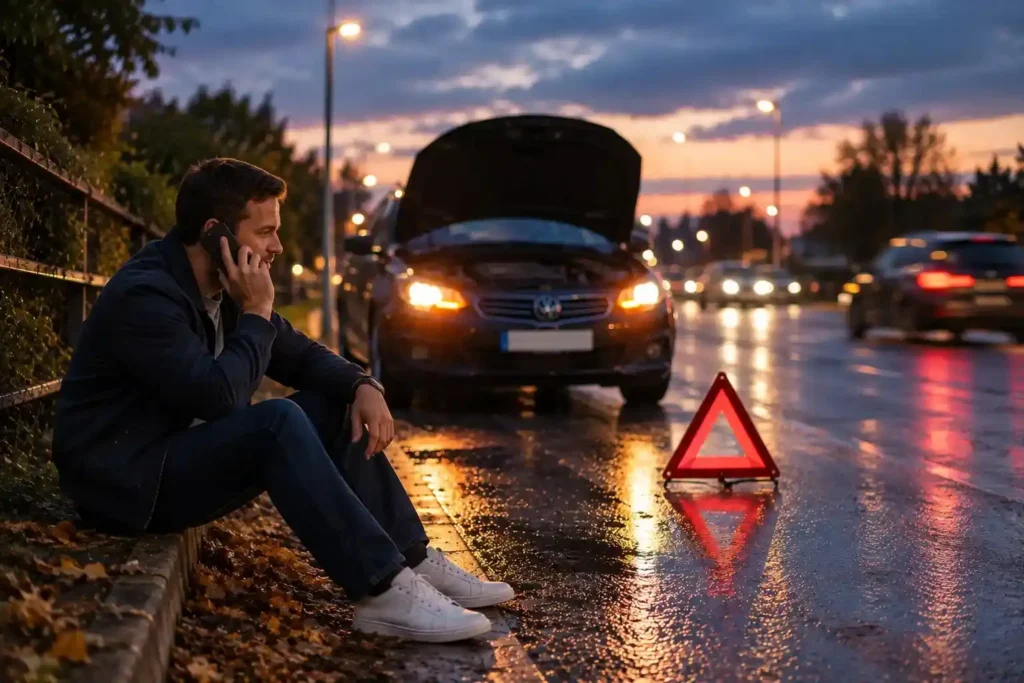 Driver in casual clothing sitting safely beside a stranded car while calling for roadside assistance