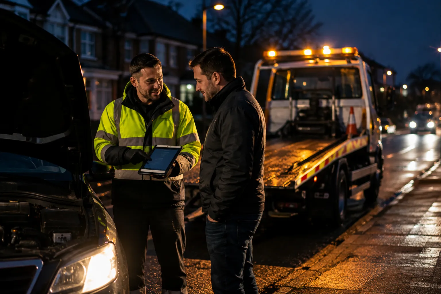 A vehicle recovery technician wearing a yellow high-visibility jacket shows digital paperwork on a tablet to a stranded car driver at night next to a tow truck on a suburban street.
