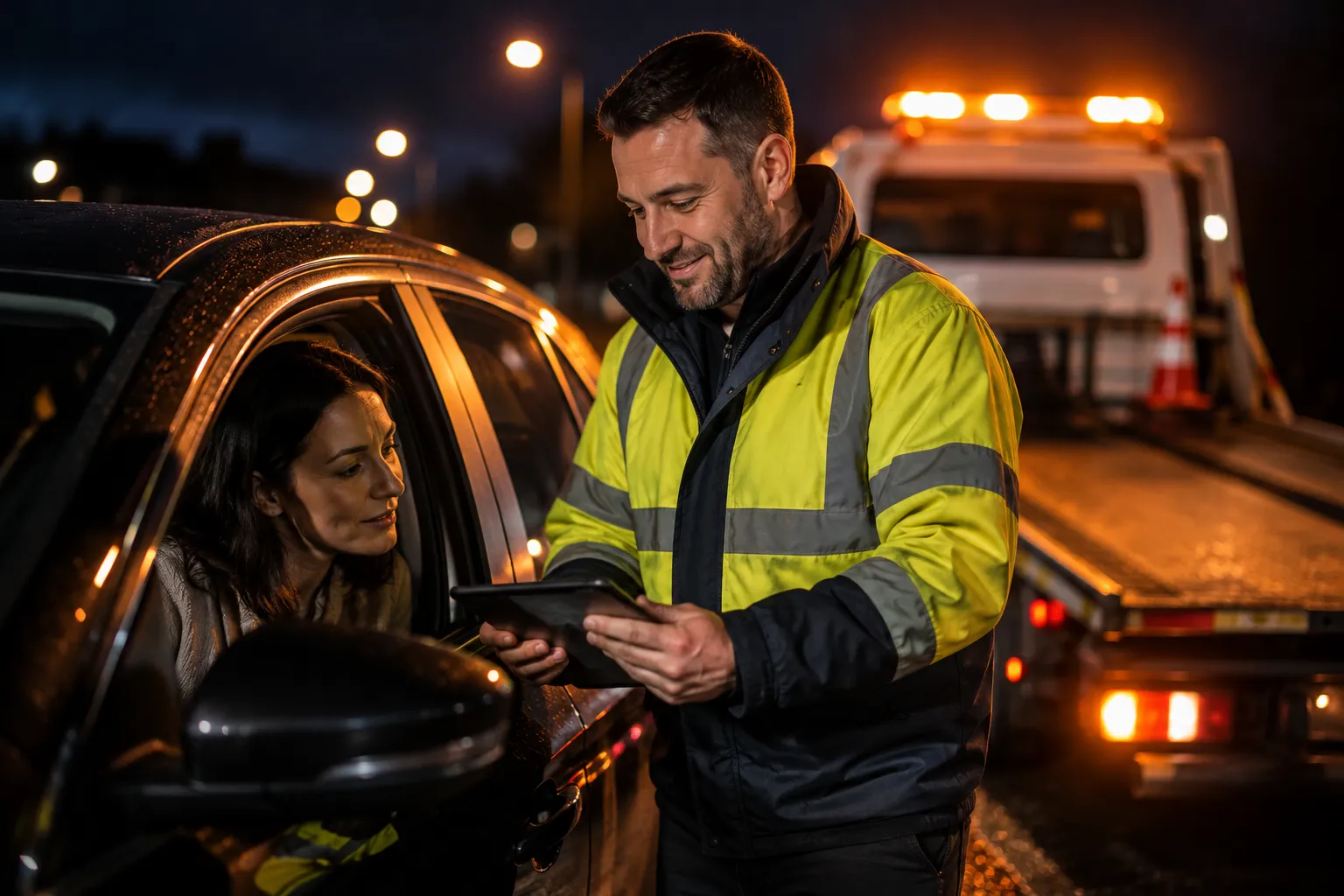 A friendly vehicle recovery technician in a high-visibility yellow jacket shows digital pricing and invoice details on a tablet to a female driver sitting inside her stranded car at night.
