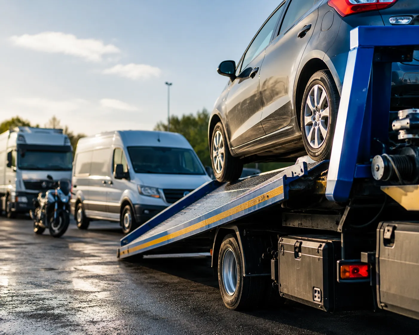 A dark grey hatchback car loaded onto a flatbed recovery truck, with a motorcycle, panel van, and heavy goods truck lined up in the background to showcase diverse vehicle recovery capabilities.