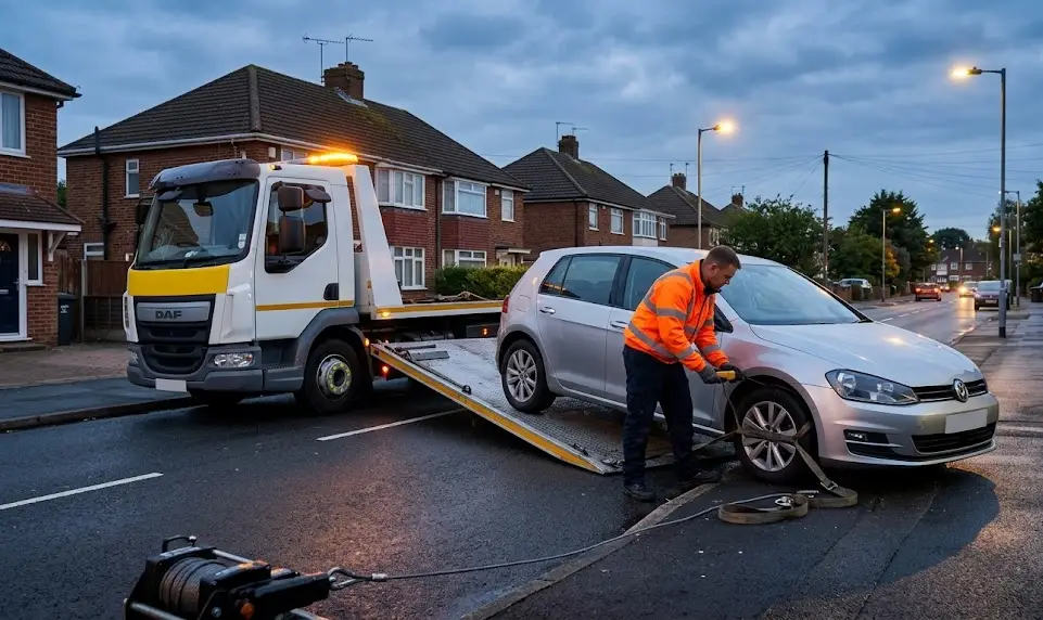 Roadside vehicle recovery with a technician securing a car onto a recovery truck