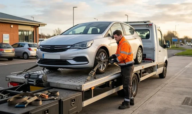 A vehicle recovery technician wearing a bright orange high-visibility jacket is actively securing a wheel of a silver car onto the flatbed of a recovery truck using a heavy-duty ratchet strap.
