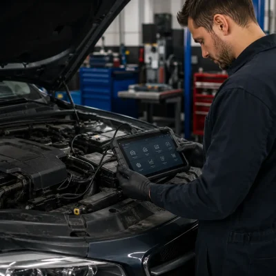 Mechanic holding a handheld diagnostic scanner over a car's open engine bay, navigating its menu options.