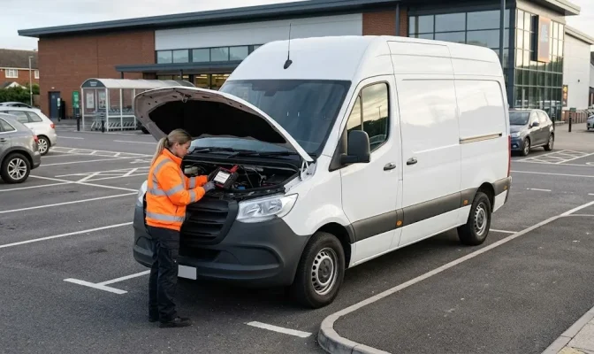 A roadside recovery technician wearing a bright orange high-visibility jacket uses a handheld diagnostic tool on the engine of a broken-down white panel van with its hood open in a supermarket parking lot.