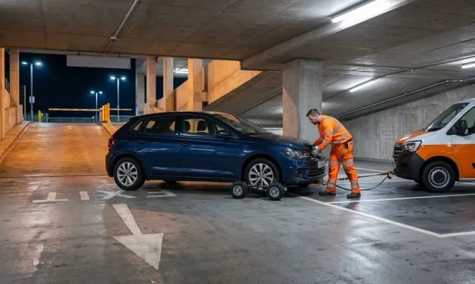 A vehicle recovery technician in a bright orange high-visibility uniform uses a specialized dolly wheel system and tow strap to move a stranded blue hatchback car from an underground parking garage exit.